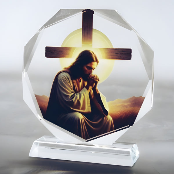 Jesus Christ Praying Icon On Round Crystal Cut Glass Plaque Stand Ornament