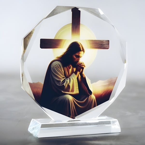 Jesus Christ Praying Icon On Round Crystal Cut Glass Plaque Stand Ornament