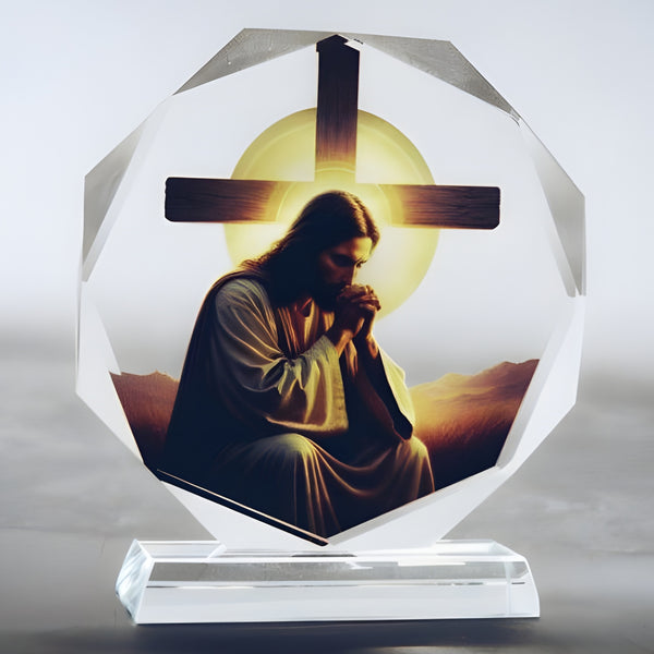 Jesus Christ Praying Icon On Round Crystal Cut Glass Plaque Stand Ornament