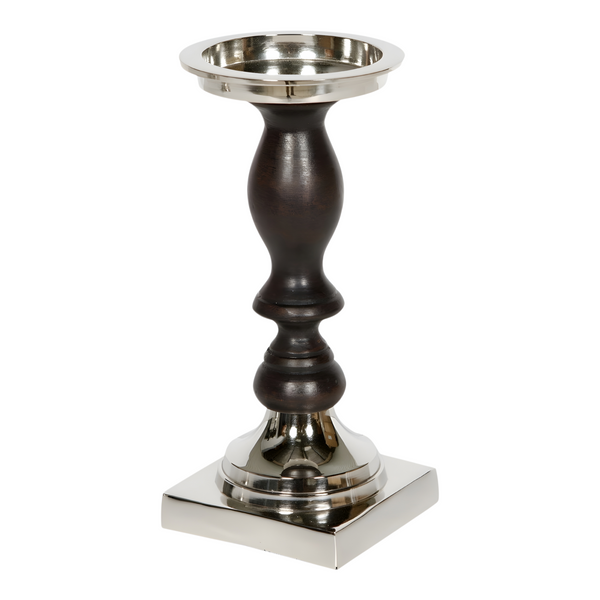 Black Wood & Silver Plated Top with Square Metal Base Pillar Candle Holder Stand