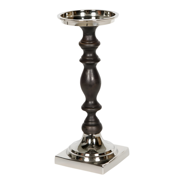 Large Black Wood & Silver Plated Top with Square Metal Base Pillar Candle Holder Stand