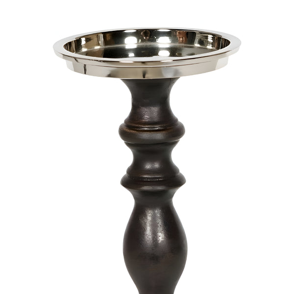 Large Black Wood & Silver Plated Top with Square Metal Base Pillar Candle Holder Stand