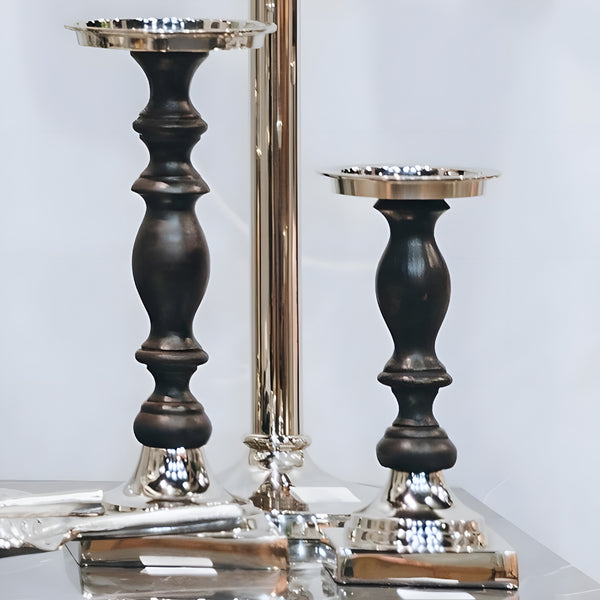 Large Black Wood & Silver Plated Top with Square Metal Base Pillar Candle Holder Stand