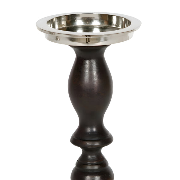 Black Wood & Silver Plated Top with Square Metal Base Pillar Candle Holder Stand