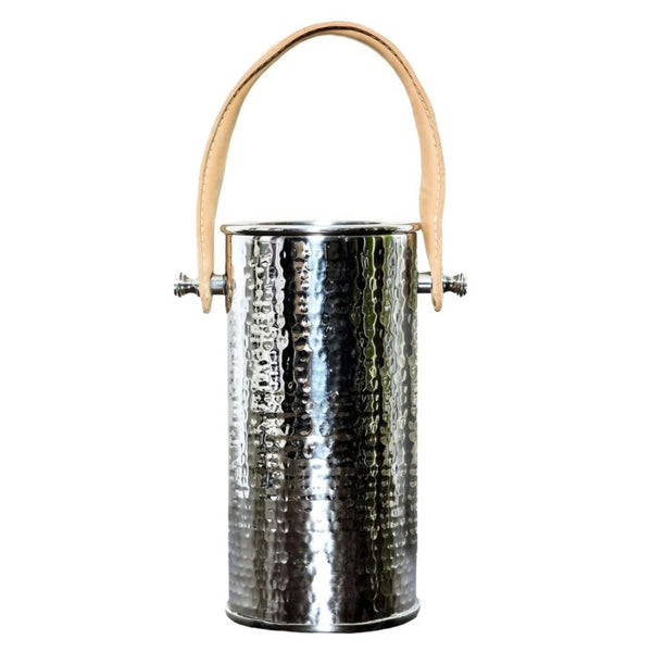 Tall Shiny Silver Plated Hammered Single Bottle Champagne & Wine Holder with Leather Handle