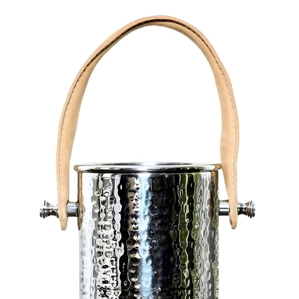 Tall Shiny Silver Plated Hammered Single Bottle Champagne & Wine Holder with Leather Handle