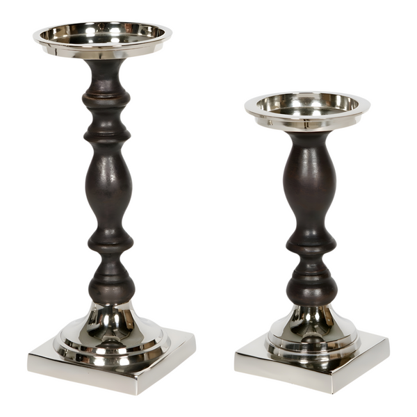 Large Black Wood & Silver Plated Top with Square Metal Base Pillar Candle Holder Stand