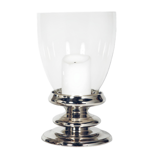 Large Silver Plated Glass Top Hurricane Pillar Candle Holder Stand