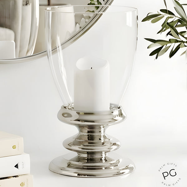 Large Silver Plated Glass Top Hurricane Pillar Candle Holder Stand