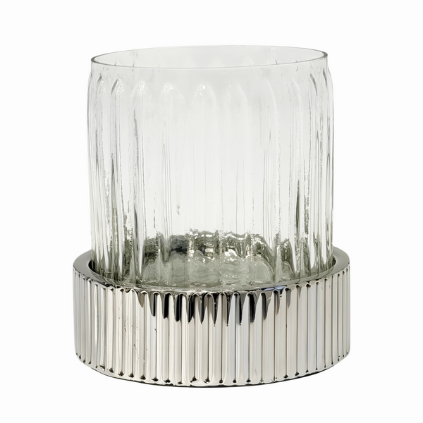 Fluted Glass Top Pillar Candle Holder On Silver Ribbed Base