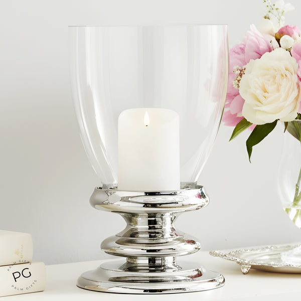 Large Silver Plated Glass Top Hurricane Pillar Candle Holder Stand