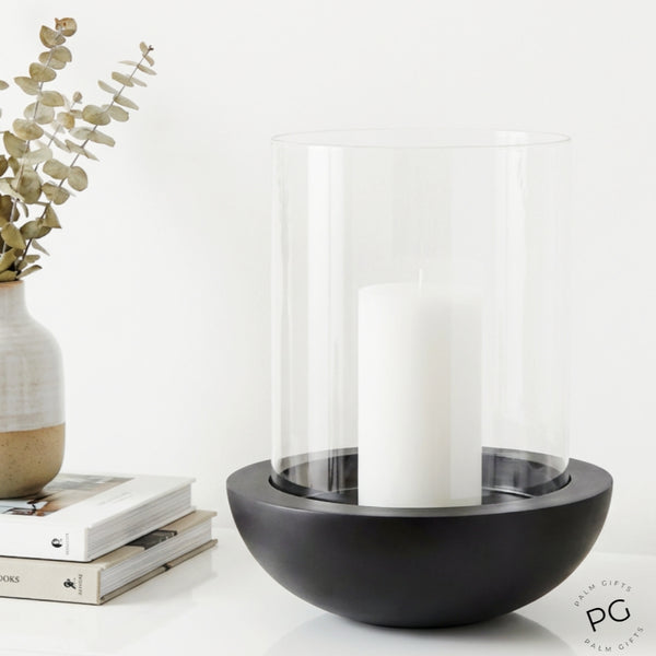 Large Round Black Metal Base & Glass Top Hurricane Pillar Candle Holder
