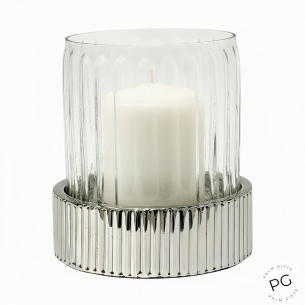 Fluted Glass Top Pillar Candle Holder On Silver Ribbed Base