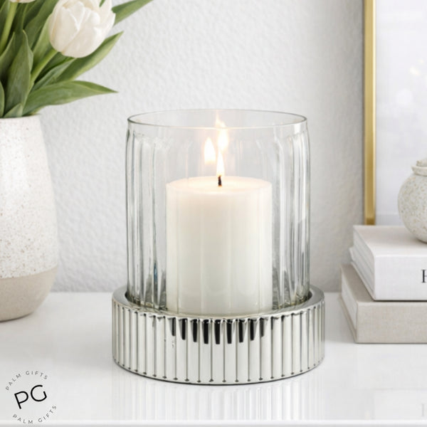 Fluted Glass Top Pillar Candle Holder On Silver Ribbed Base