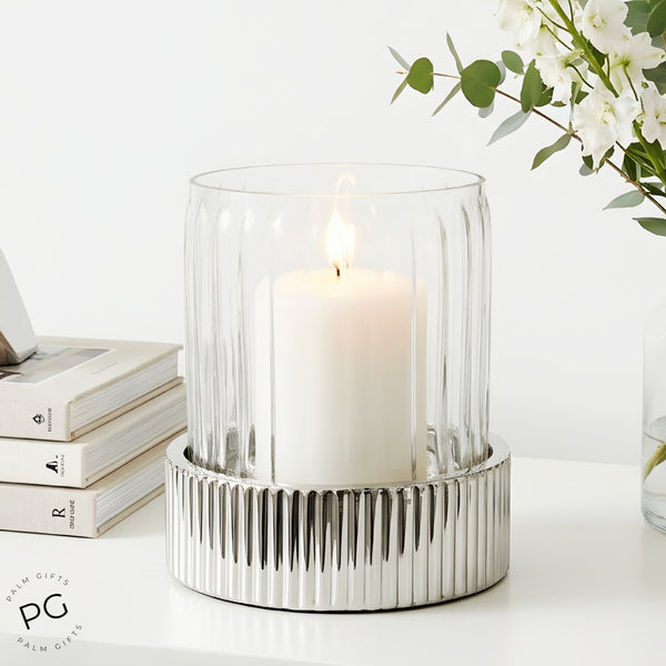 Fluted Glass Top Pillar Candle Holder On Silver Ribbed Base