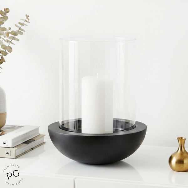 Large Round Black Metal Base & Glass Top Hurricane Pillar Candle Holder
