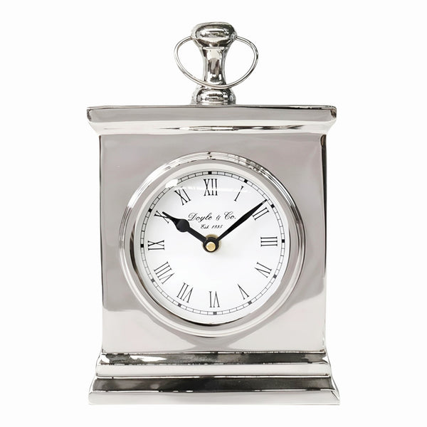 Shiny Silver Plated Rectangle Doyle & Co Mantel Clock with White Face
