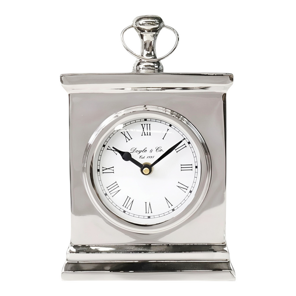 Shiny Silver Plated Rectangle Doyle & Co Mantel Clock & White Face