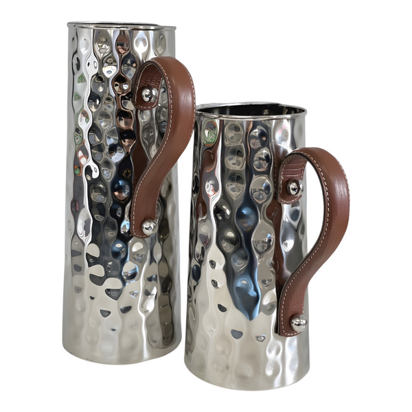 Silver Bolt Hammered Stainless Steel Water Jug Pitcher & Brown Leather Handle