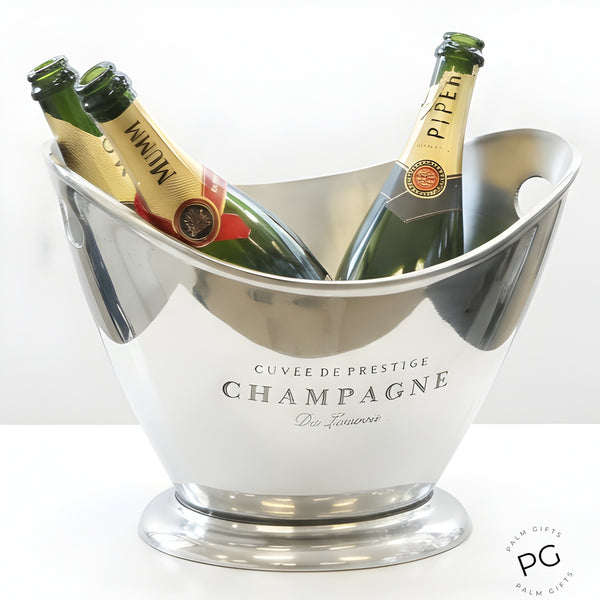 Shiny Silver Oval Cuvee De Prestige Champagne Ice Cooler Bucket with Handles