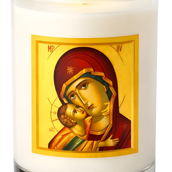 Orthodox White Glass Holy Mother Mary & Jesus Icon Religious Wax Candle