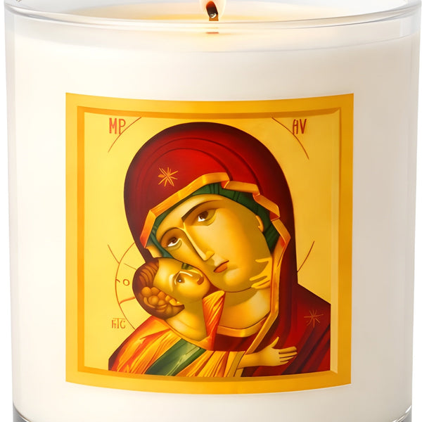 Orthodox White Glass Holy Mother Mary & Jesus Icon Religious Wax Candle