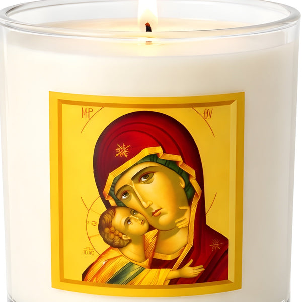 Orthodox White Glass Holy Mother Mary & Jesus Icon Religious Wax Candle