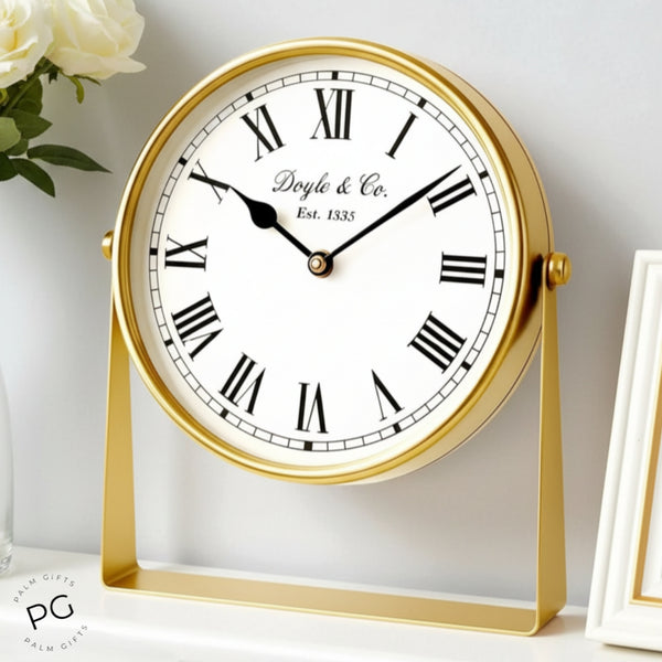 Gold Plated Round Doyle & Co Colonial Mantel Clock On Stand