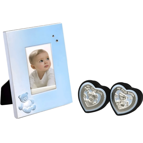 3 Piece Blue Baby Boy First Tooth, Curl & Photo Frame Keepsake In Satin Gift Box Set