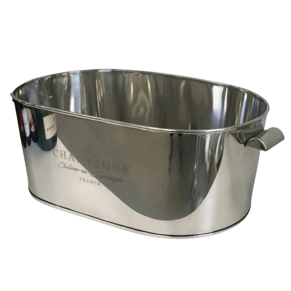 Large Shiny Silver Oval Champagne France Ice Cooler Bucket Tub with Handles