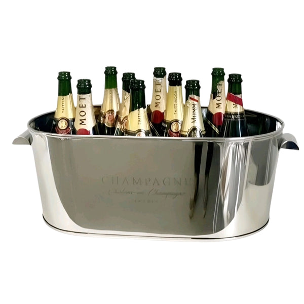 Large Shiny Silver Oval Champagne France Ice Cooler Bucket Tub with Handles