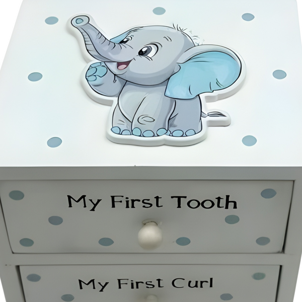 White And Blue 3D Elephant Baby Boy My First Tooth & Curl Wooden Keepsake Box