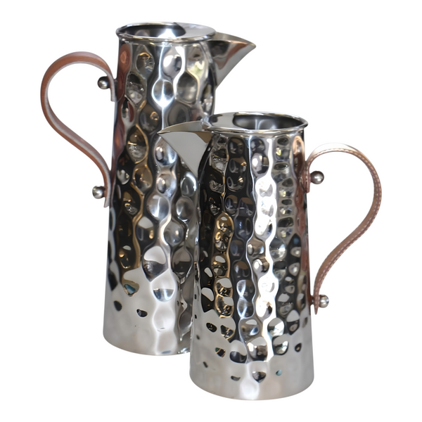 Silver Bolt Hammered Stainless Steel Water Jug Pitcher & Brown Leather Handle