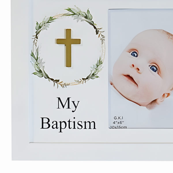 Children's White Wood My Baptism Photo Frame & Gold 3D Cross