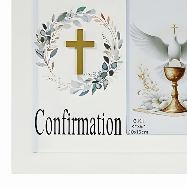 Children's White Wood Confirmation Photo Frame & Gold 3D Cross