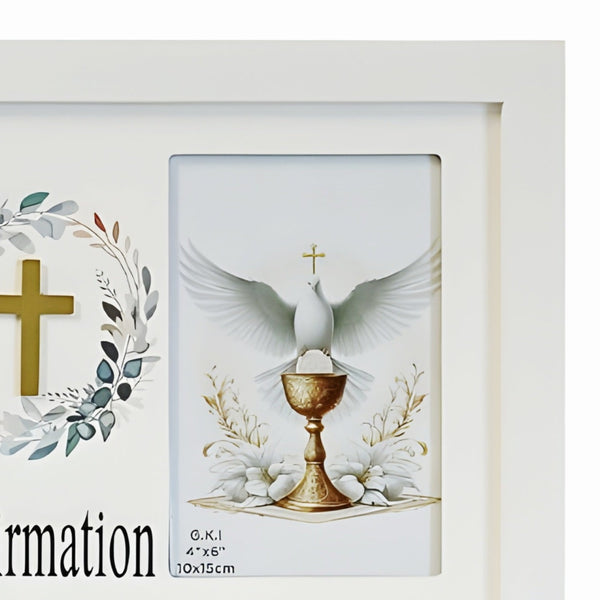 Children's White Wood Confirmation Photo Frame & Gold 3D Cross