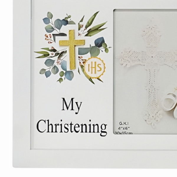Children's White Wood My Christening Photo Frame & Gold 3D Cross