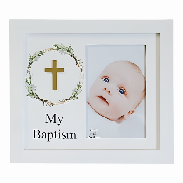 Children's White Wood My Baptism Photo Frame & Gold 3D Cross