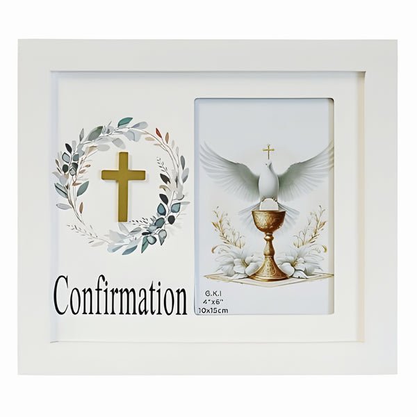 Children's White Wood Confirmation Photo Frame & Gold 3D Cross