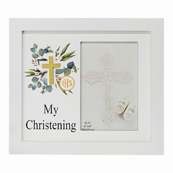 Children's White Wood My Christening Photo Frame & Gold 3D Cross