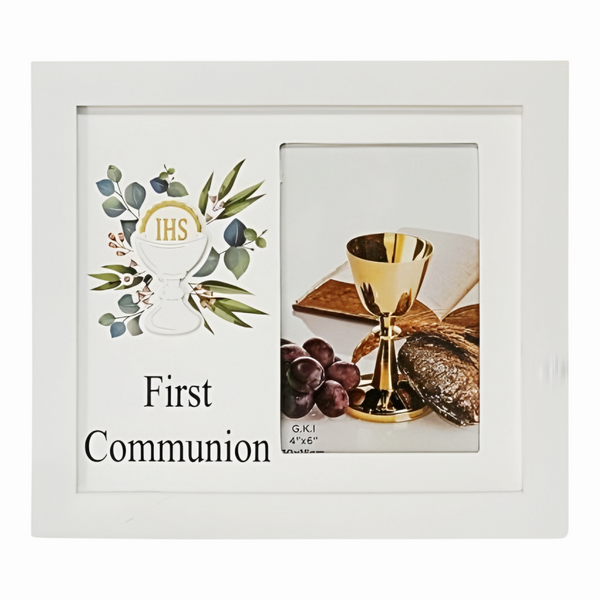 Children's White Wood First Communion Photo Frame & 3D Holy Grail