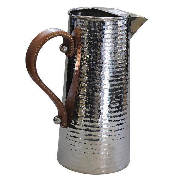 Large Silver Hammered Stainless Steel Water Jug Pitcher & Brown Leather Handle 2.5L 33cmH