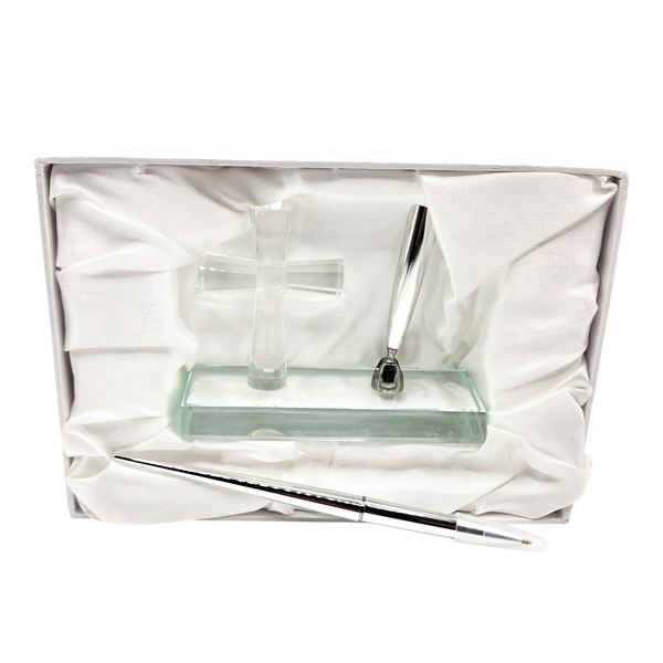 Glass Cross Wedding Signing Pen Stand & Pen In Satin Gift Box Set