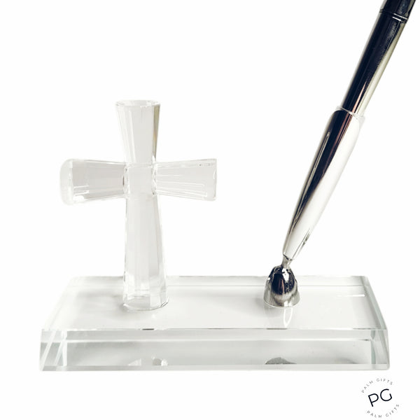 Glass Cross Wedding Signing Pen Stand & Pen In Satin Gift Box Set
