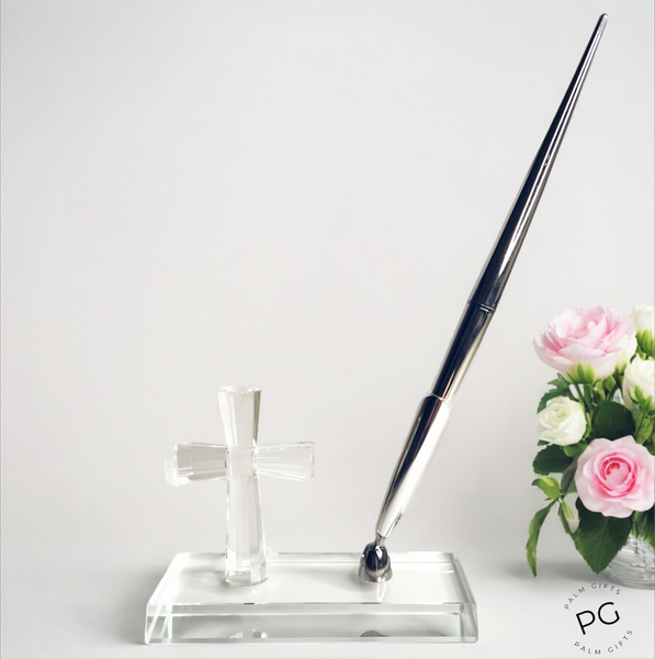 Glass Cross Wedding Signing Pen Stand & Pen In Satin Gift Box Set