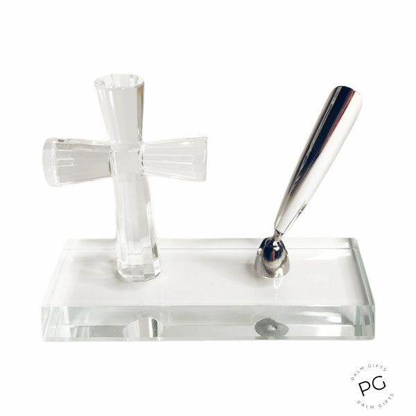 Glass Cross Wedding Signing Pen Stand & Pen In Satin Gift Box Set