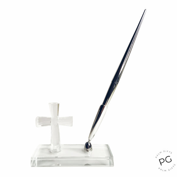 Glass Cross Wedding Signing Pen Stand & Pen In Satin Gift Box Set