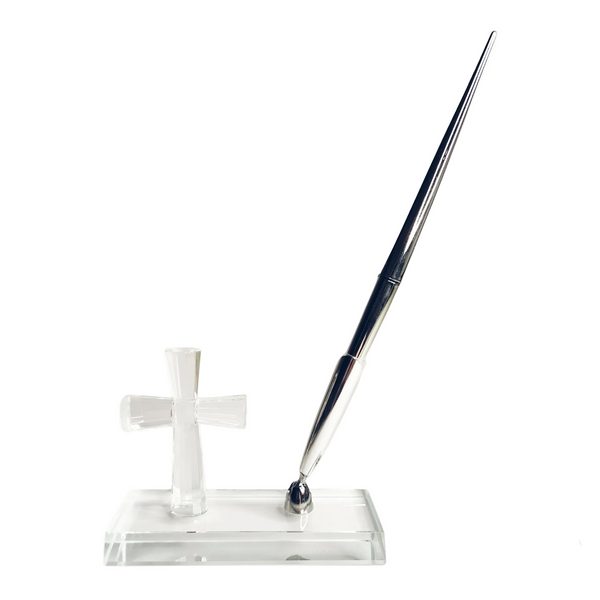 Clear Glass Cross Wedding Signing Pen & Stand In Satin Gift Box Set