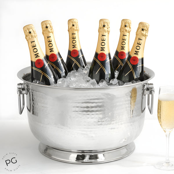 Silver Stainless Steel Hammered Champagne & Wine Ice Cooler Bucket Tub with Handles