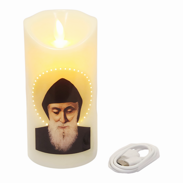 Catholic Saint Charbel LED Light Up Flameless Pillar Candle